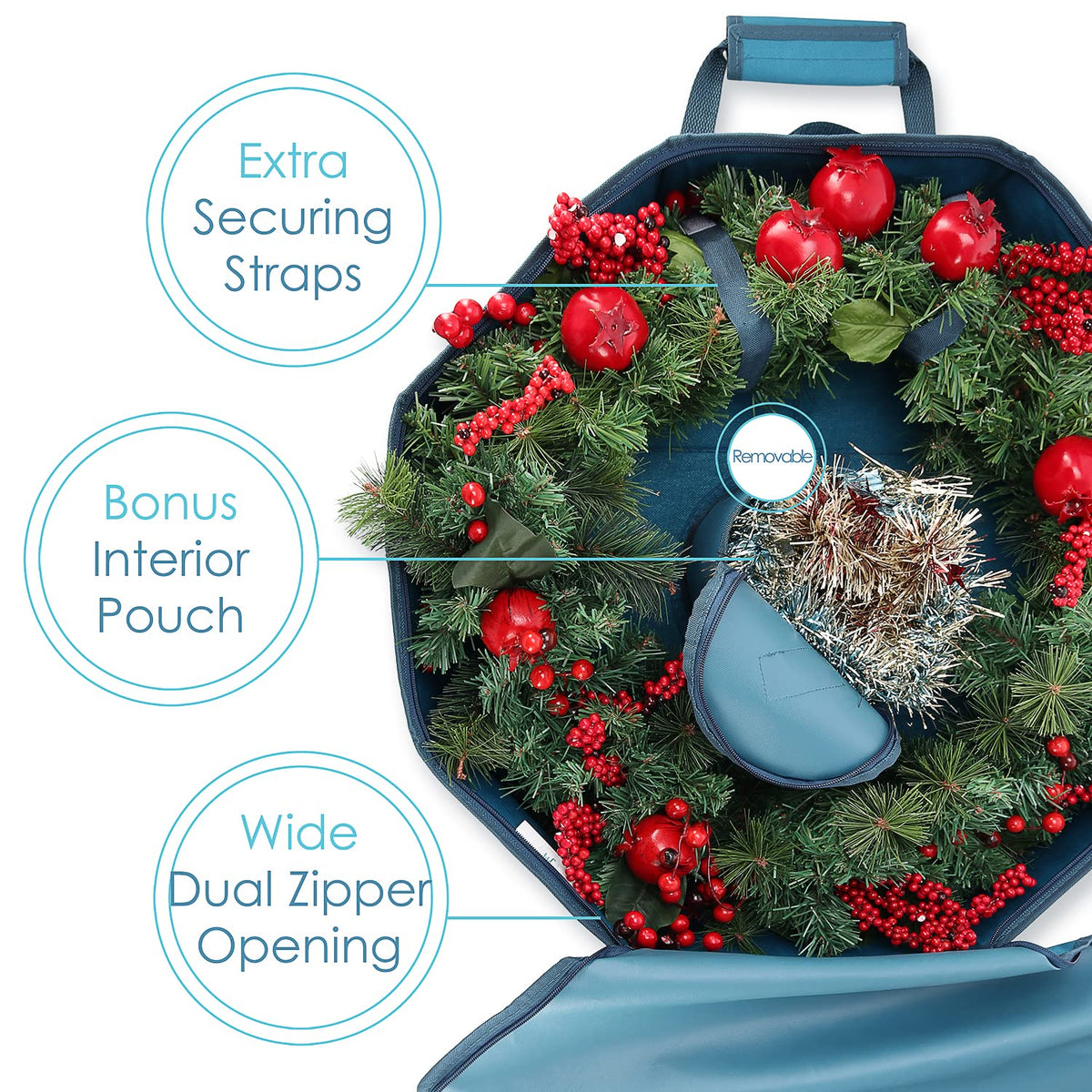 Hearth & Harbor Contenedor de almacenamiento para coronas de Navidad – Bolsa de almacenamiento rígida para coronas de Navidad con bolsillos interiores, doble cremallera y asas – Caja organizadora de