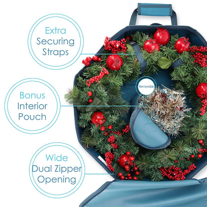 Hearth & Harbor Contenedor de almacenamiento para coronas de Navidad – Bolsa de almacenamiento rígida para coronas de Navidad con bolsillos interiores, doble cremallera y asas – Caja organizadora de