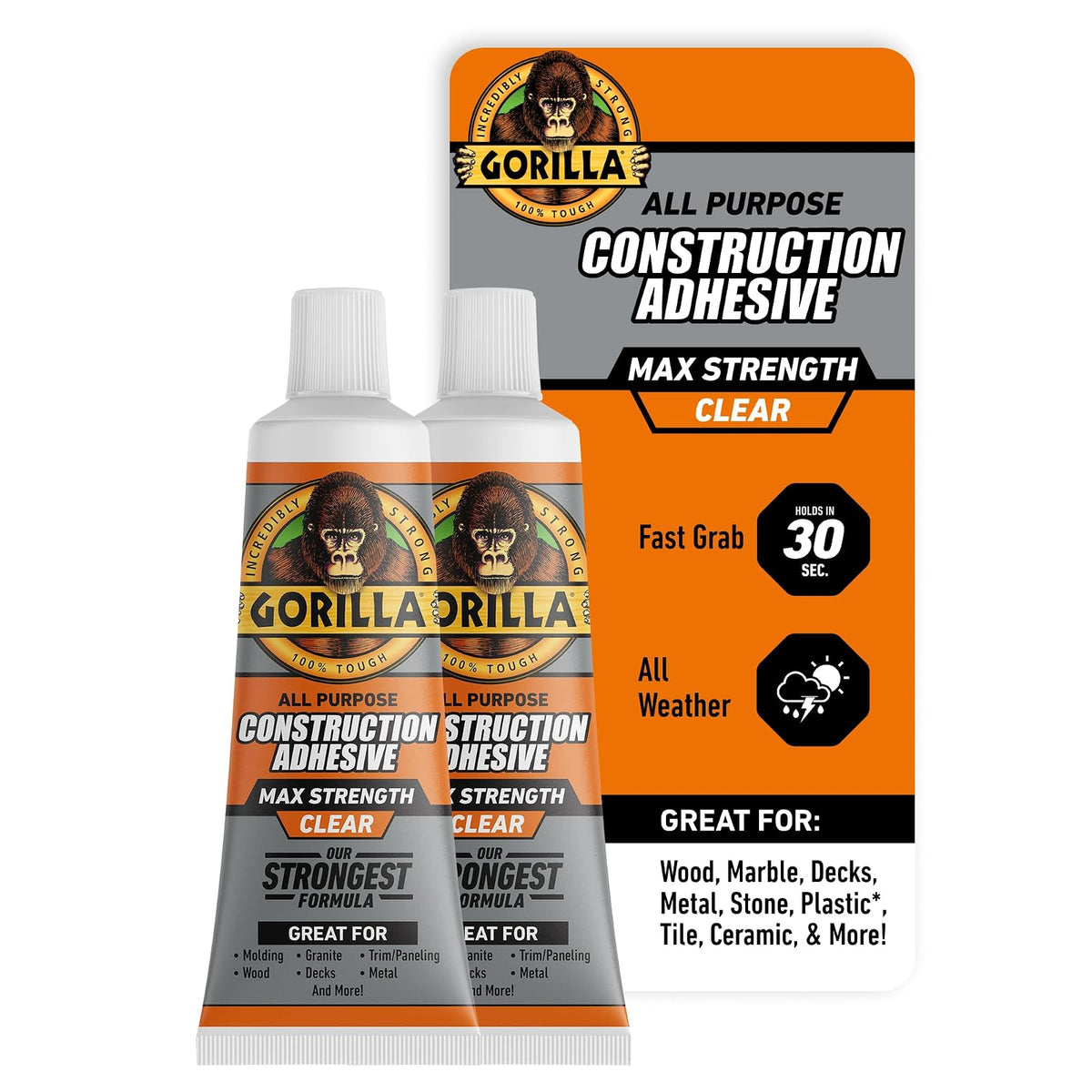 Gorilla Max Strength - calcomanía de construcción, pegamento transparente, tubo de compresión de 2.5 onzas (paquete de 2) - Relleno de huecos e impermeable - 2.5 oz (2 unidades)