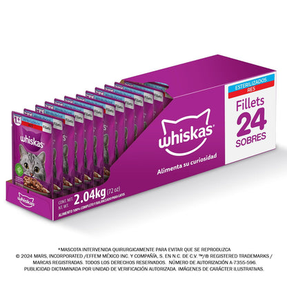 Whiskas Sobres para Gatos Adultos Esterilizados Sabor Res 24 Piezas de 85gr