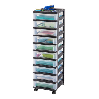 IRIS USA Carrito Organizador de 10 Cajones con Ruedas, Negro | Organiza manualidades, artículos de oficina, salón y accesorios con cajones de fácil acceso para uso diario - 10 Cajones - Negro - Transparente
