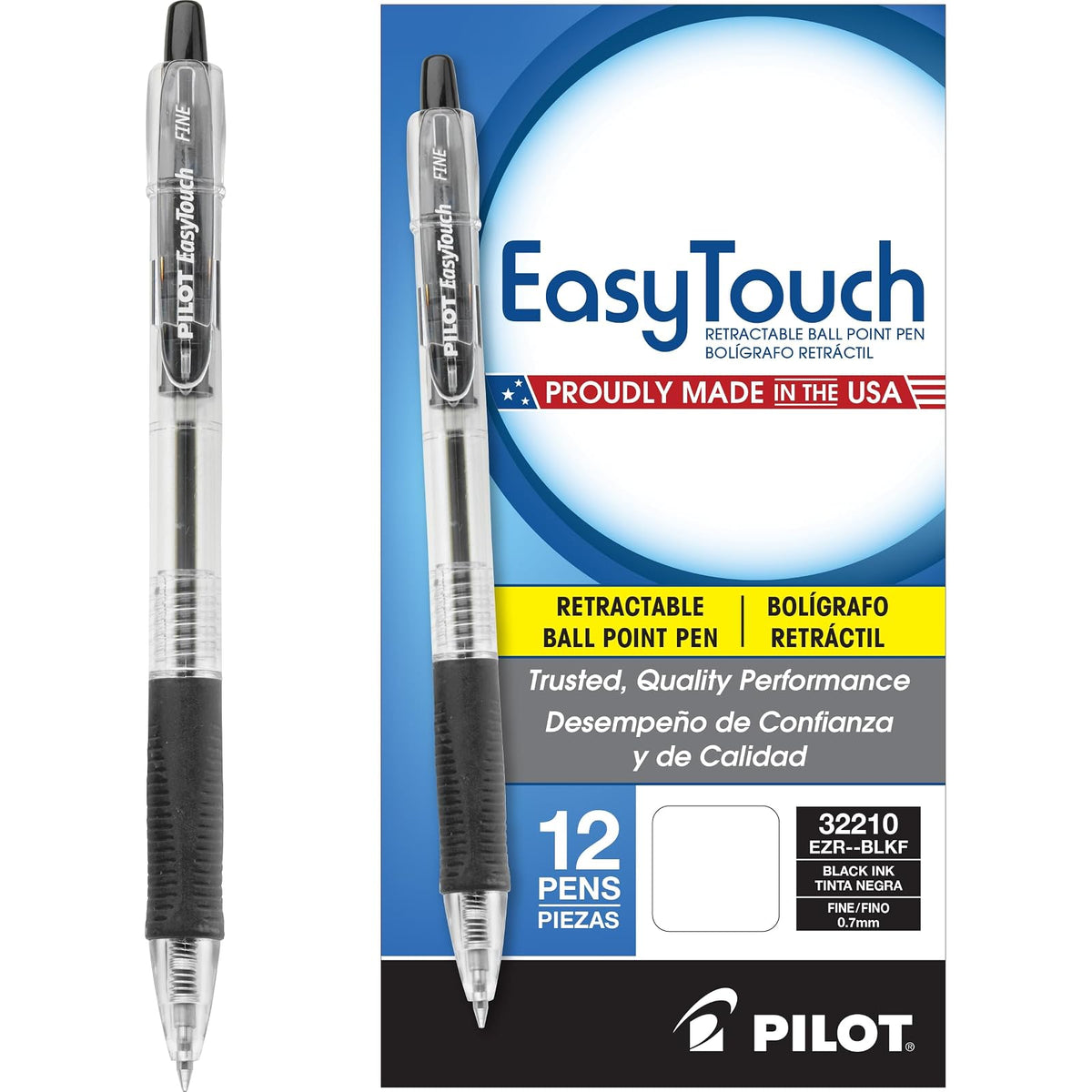 Pilot EasyTouch Bolígrafo Retráctil Punto Fino, Caja de 12 - box of 12 - Negro