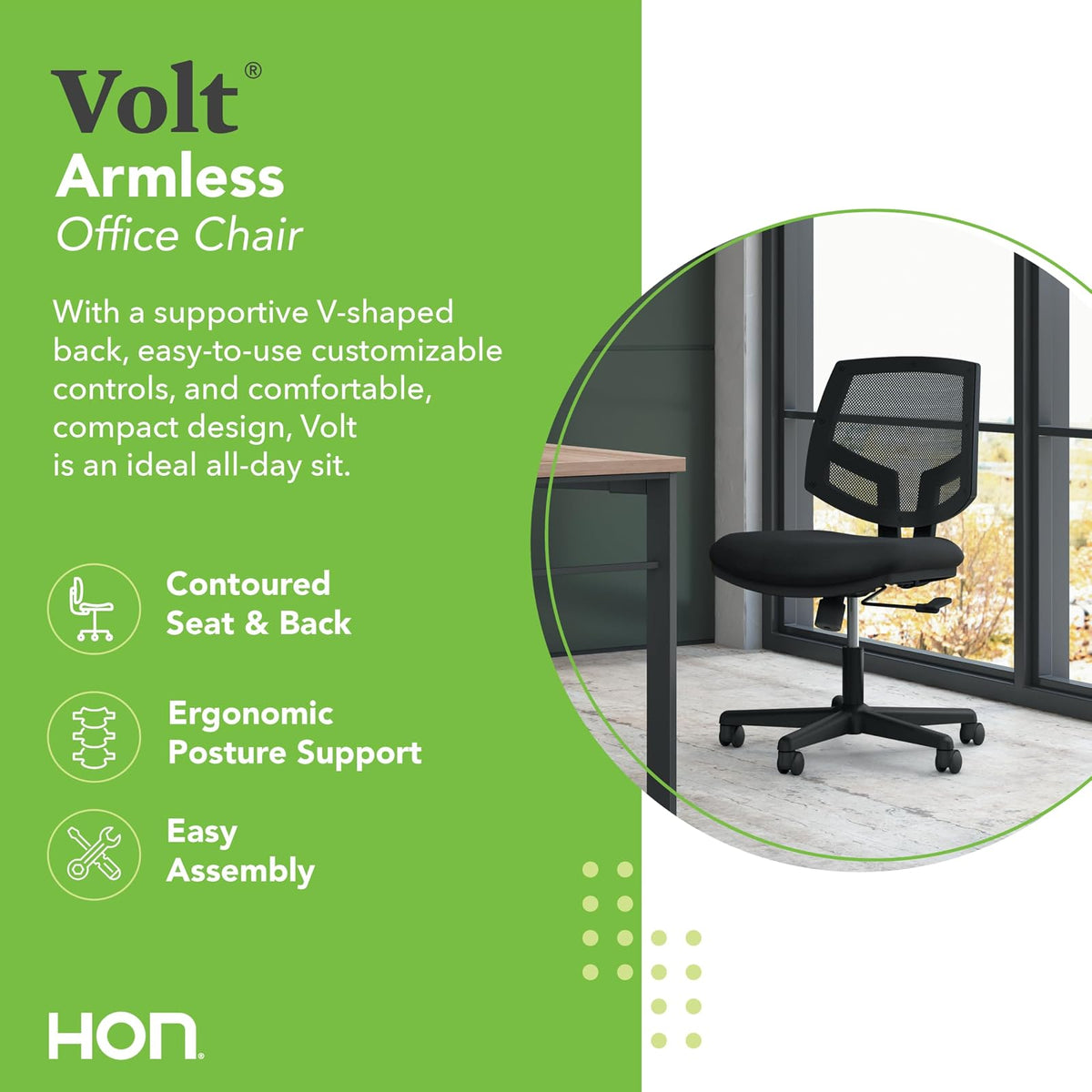 HON Volt - Silla de Trabajo sin Brazos, Color Negro