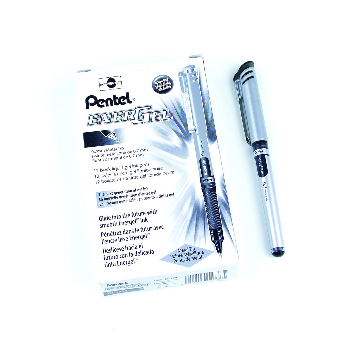 Pentel EnerGel Bolígrafo de Gel Líquido Punta de Aguja 0.5mm, Caja 12 - Negro - 12 Unidad (Paquete de 1) - Medium Metal Tip