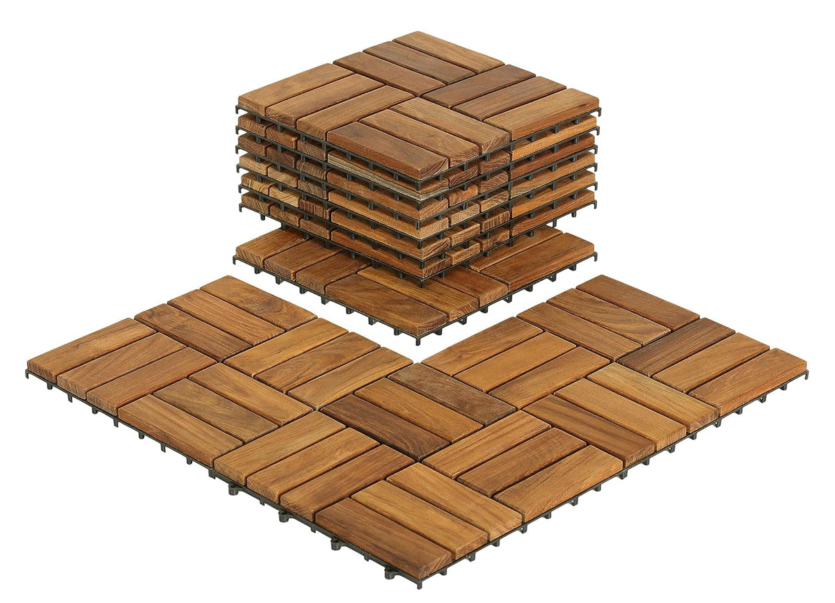 Bare Decor bare-wf2009 maciza madera de teca suelos de azulejos entrelazadas (paquete de 10), 12" x 12", café