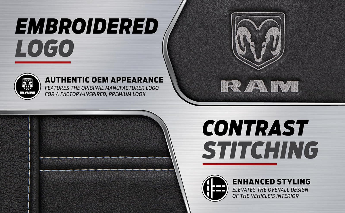 Plasticolor Funda de Asiento RAM 008628R25, 3 Piezas, Logo Gris, Negro, Ajuste Universal