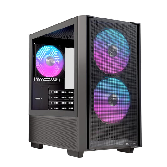 EINAREX Pulse PM150 Black - Gabinete Micro-ATX, Cristal Templado, Panel Frontal de Malla, Incluye 3 Ventiladores RGB, USB C, Soporta Enfriamientos de 240mm