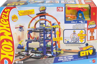 Hot Wheels City Mega Garage con Elevador, Pista de Tres Niveles y Helicóptero, Juego Interactivo con Auto a Escala 1:64, para Niños de 4 Años en Adelante