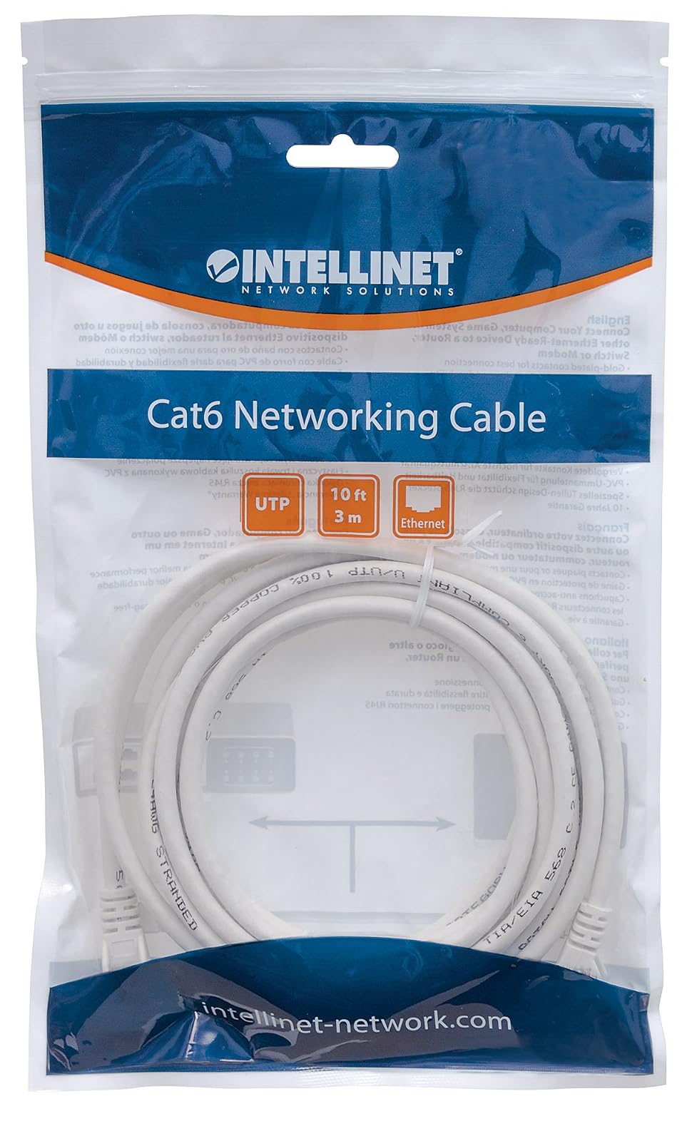 Cable Ethernet Cat 6 UTP 3 m Blanco, Cable LAN RJ45 Macho a Macho con Contactos Chapados en Oro para Router, Switch Ethernet y PC Intellinet 341974