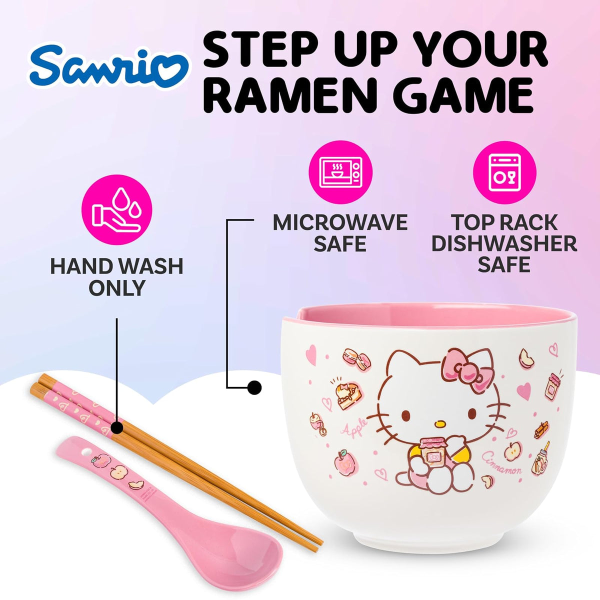 Silver Buffalo Sanrio Hello Kitty - Juego de cuencos y palillos de ramen de 20 onzas