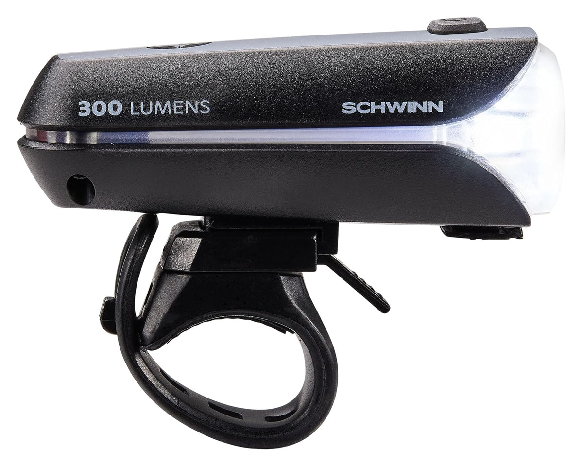 Schwinn - Juego de luces LED para bicicleta, faros delanteros recargables por USB y luz trasera que funciona con pilas, con correa de silicona de montaje sin herramientas, pieza de bicicleta y