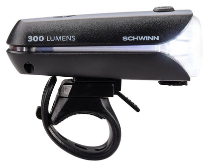 Schwinn - Juego de luces LED para bicicleta, faros delanteros recargables por USB y luz trasera que funciona con pilas, con correa de silicona de montaje sin herramientas, pieza de bicicleta y