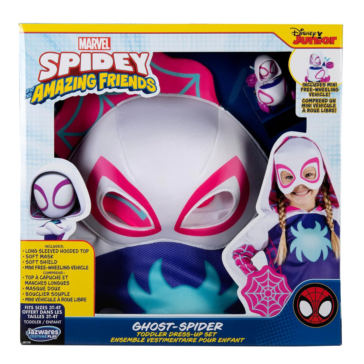 Marvel Ghost Spider - Juego de caja de vestir para niños pequeños - Parte superior de disfraces, máscara de tela, accesorio de protección web y mini vehículo de juguete (3T-4T) multicolor