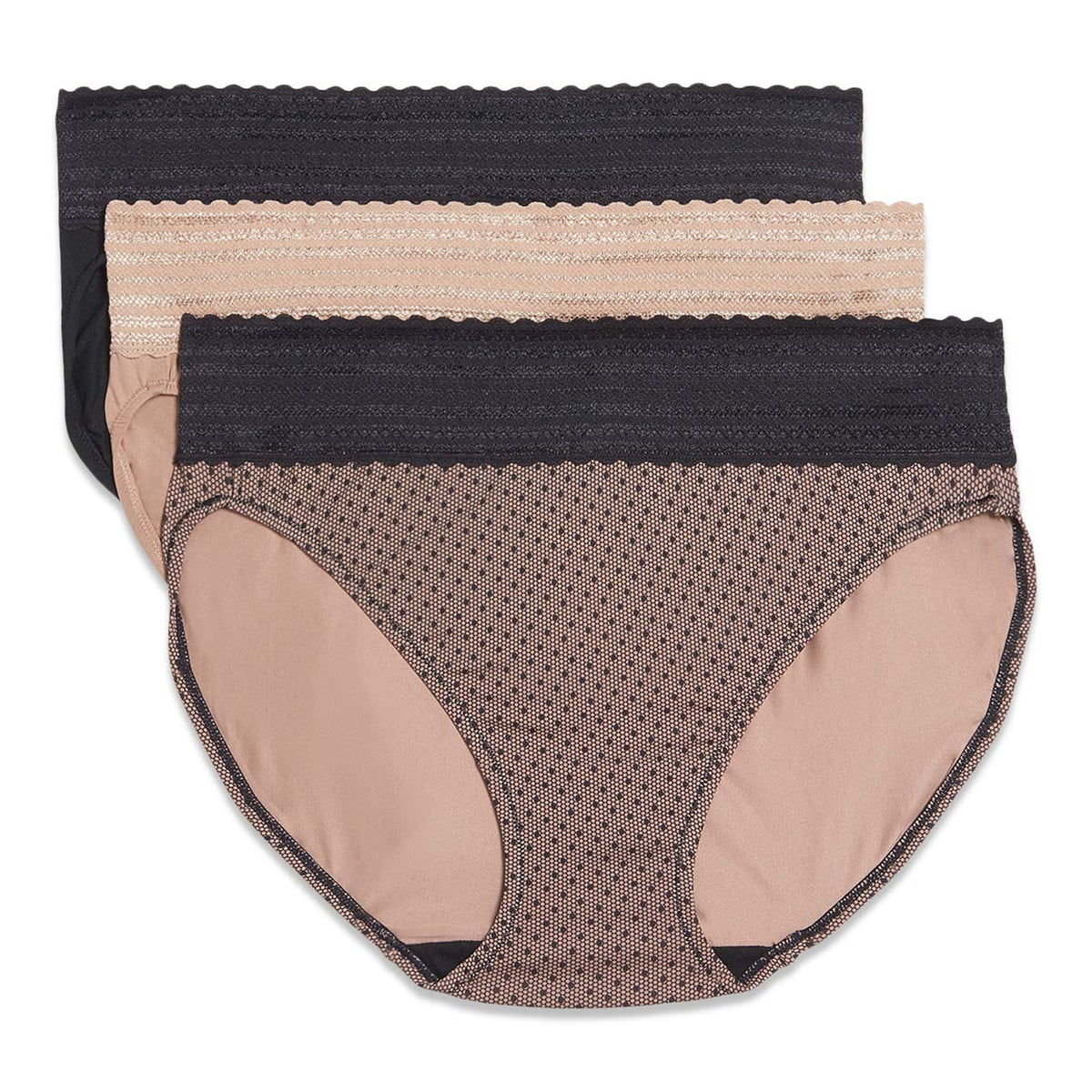 Warner's Pantaletas Deportivas de Microfibra con Encaje, Paquete 3 - Negro - Almendra tostada - Punto de Encaje - G