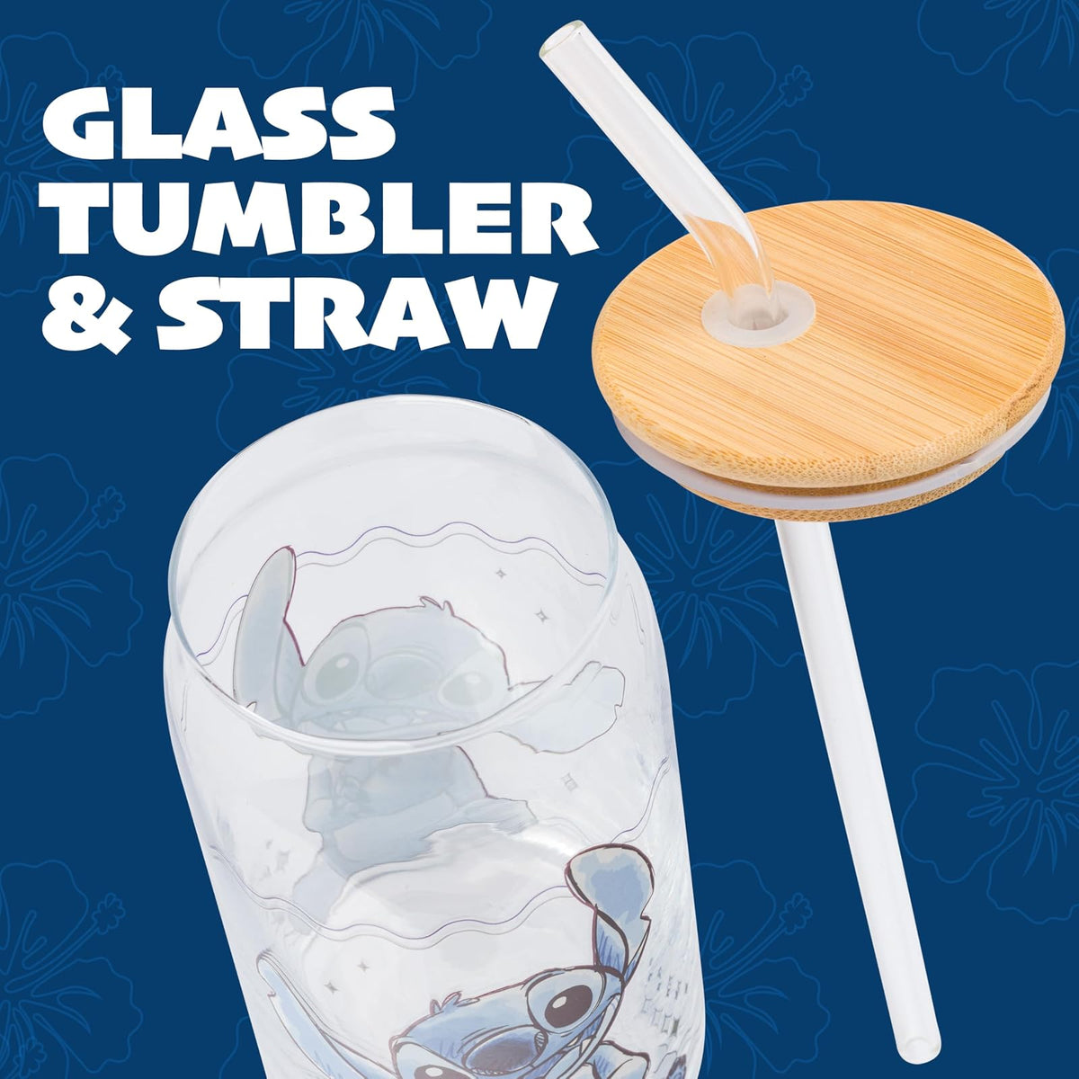 Silver Buffalo Disney Lilo and Stitch - Vaso de vidrio sentado con tapa de bambú y popote de vidrio, 16 onzas