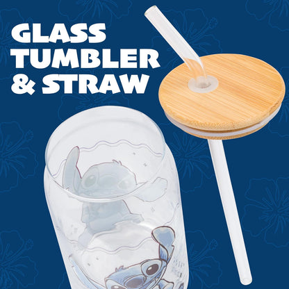 Silver Buffalo Disney Lilo and Stitch - Vaso de vidrio sentado con tapa de bambú y popote de vidrio, 16 onzas