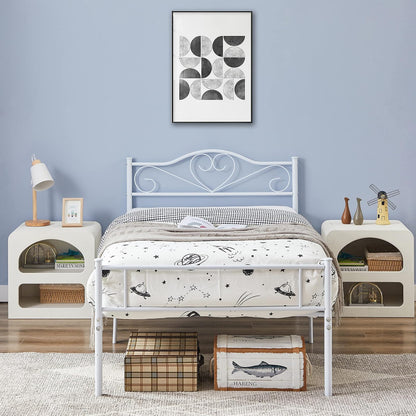 VECELO Base de Cama de Plataforma de Metal de 14 Pulgadas con cabecera y Estribo, Base de colchón Resistente con Soporte de láminas de Acero, no Necesita somier, Color Blanco