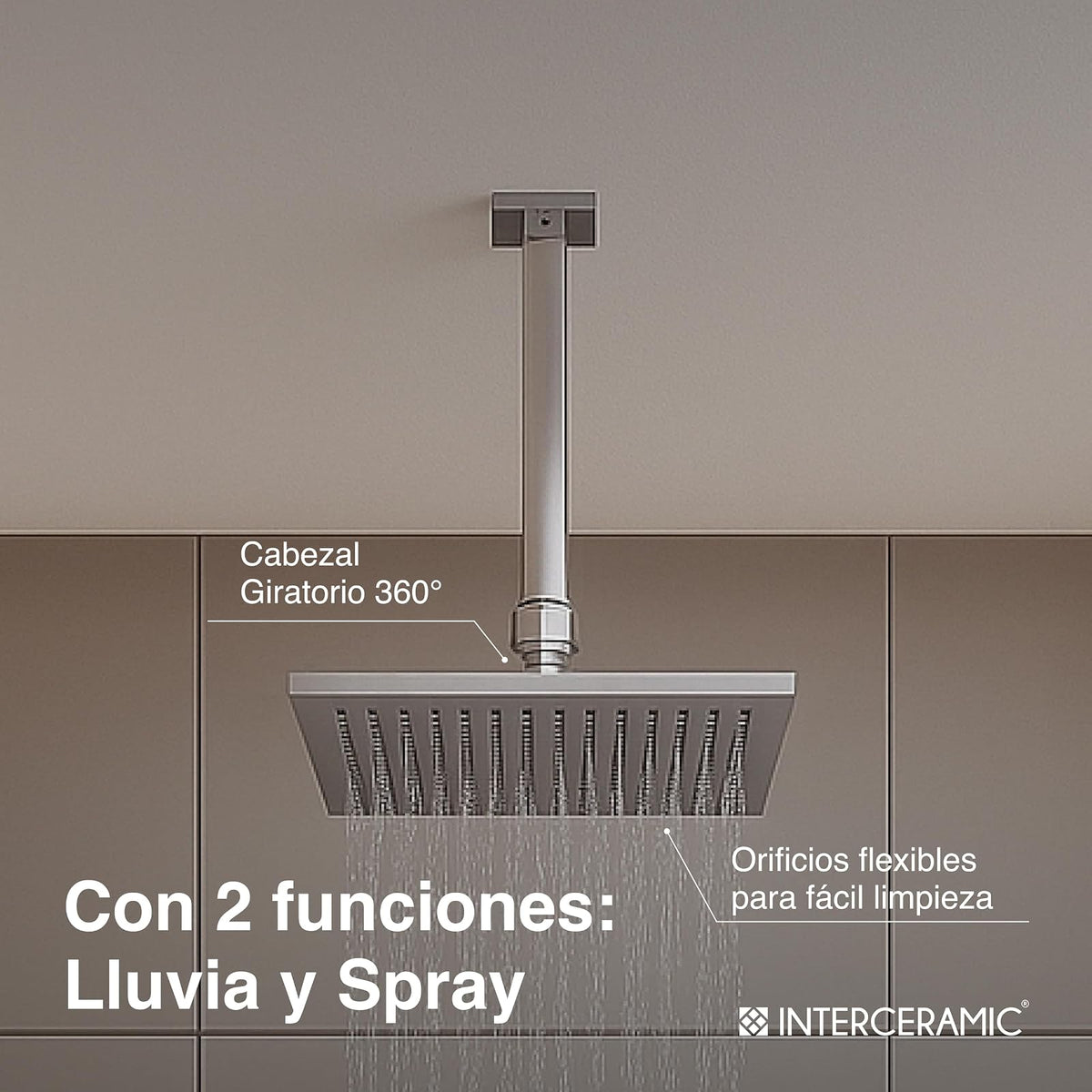 Interceramic Conjunto de regadera Cuadrada Monomando de Techo Dublín en Cromo Pulido | Cabezal Giratorio 360° | con Llave Mezcladora | Cartucho Cerámico antigoteo