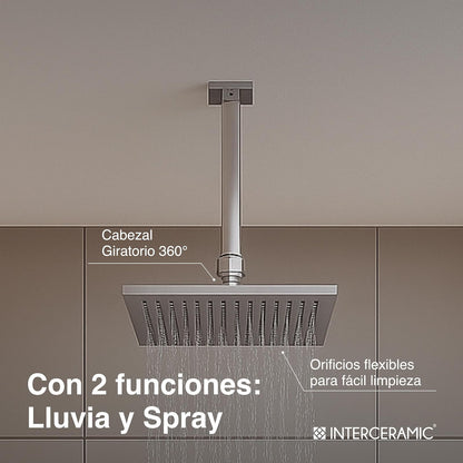 Interceramic Conjunto de regadera Cuadrada Monomando de Techo Dublín en Cromo Pulido | Cabezal Giratorio 360° | con Llave Mezcladora | Cartucho Cerámico antigoteo
