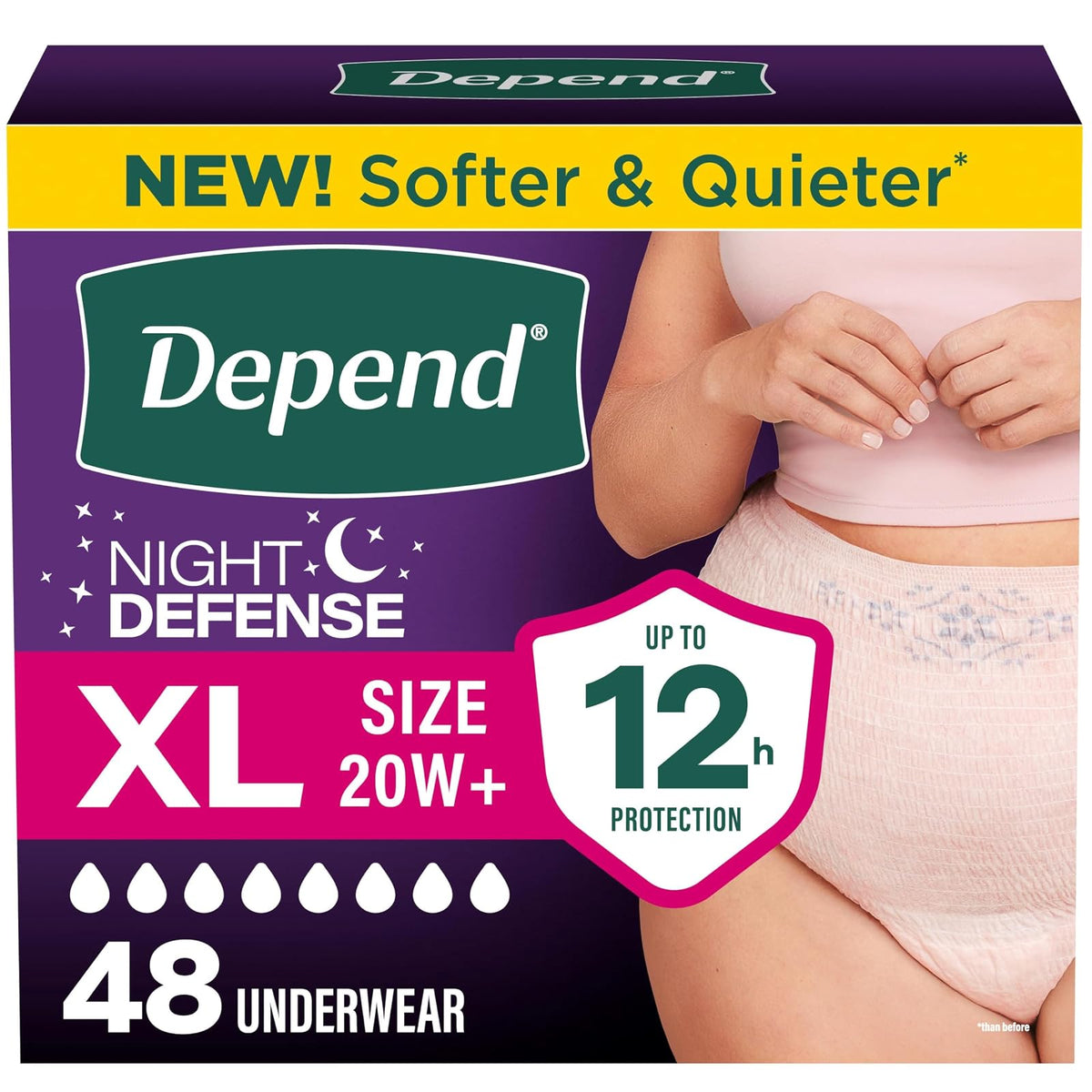 Depend Night Defense - Ropa interior de incontinencia para adultos, desechable, durante la noche, extragrande, rubor, 48 unidades, el embalaje puede variar