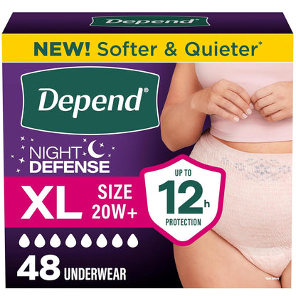 Depend Night Defense - Ropa interior de incontinencia para adultos, desechable, durante la noche, extragrande, rubor, 48 unidades, el embalaje puede variar