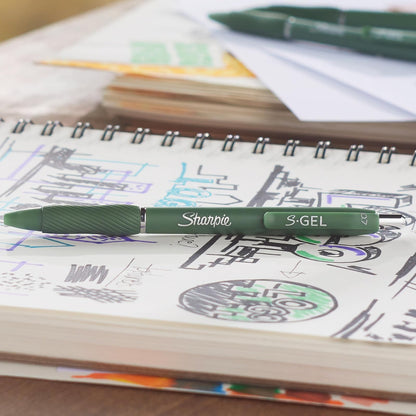 Sharpie S-Gel Bolígrafos de gel, barril verde, tinta negra, punta media (0.7 mm), 4 unidades - Para el hogar, oficina, universidad, diario, dibujo, toma de notas, escritura