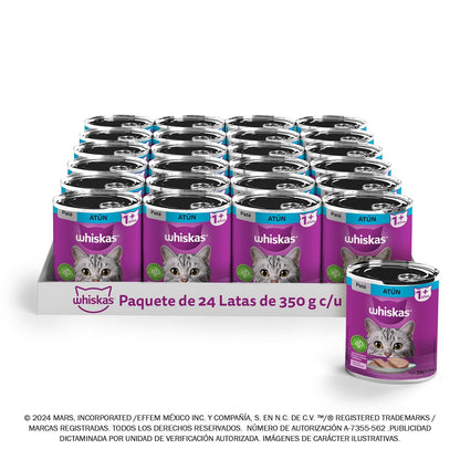 WHISKAS - Alimento para Gato Adulto en Lata, Sabor Atún, Vitamina A y Taurina, Paquete de 24 Piezas, 350g c/u,