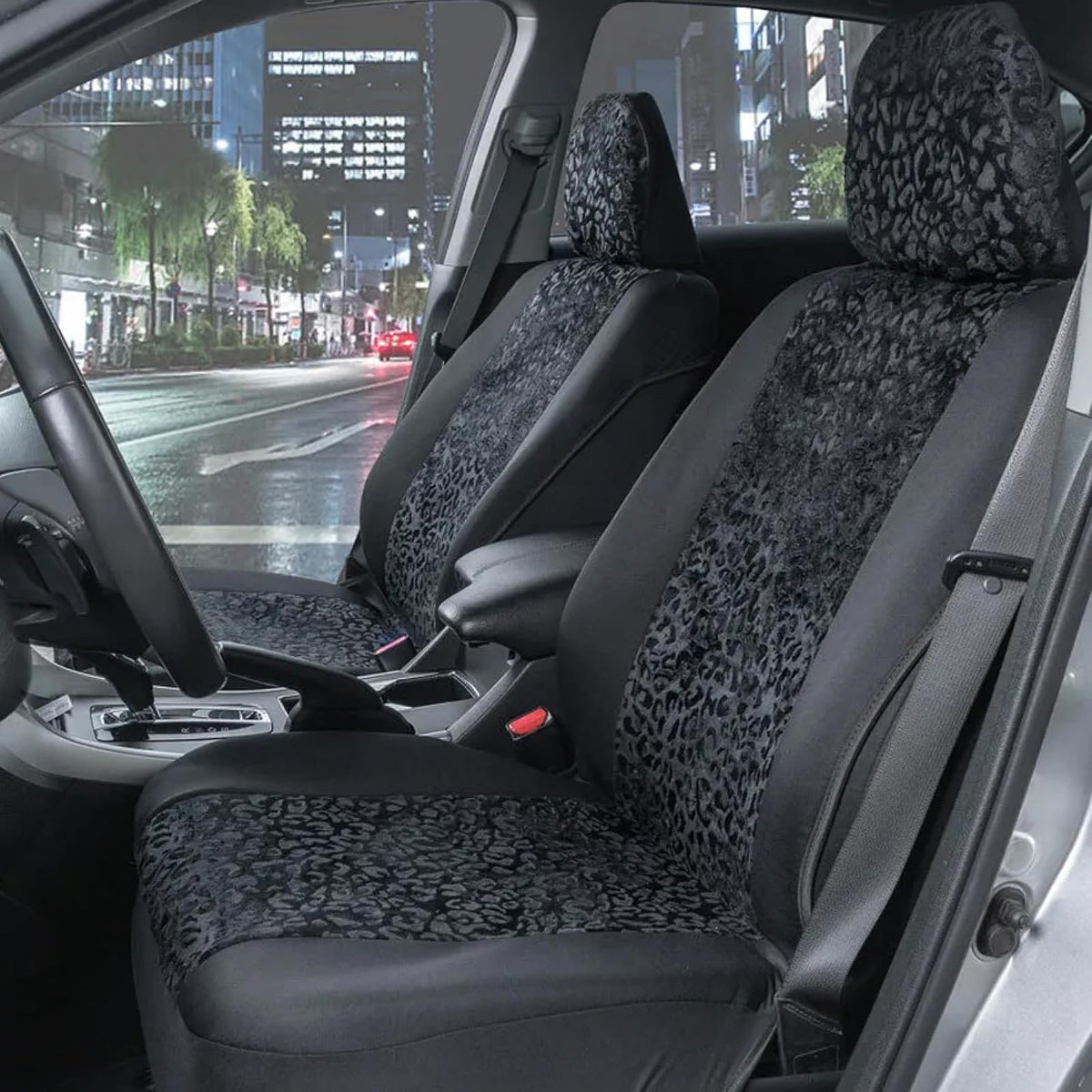 BDK SC553 Juego Fundas Asiento Automóvil Leopardo Negro Delanteros Estampado Animal Reposacabezas Diseño Sin Lados Fácil Instalación para Automóviles Camiones SUV 2 Piezas