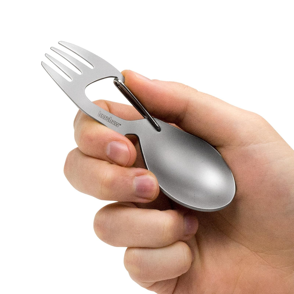 Kershaw Ration - Espátula Multiherramienta, Cuchara de Acero Inoxidable, Tenedor, mosquetón y abridor de Botellas, Longitud Regular y XL