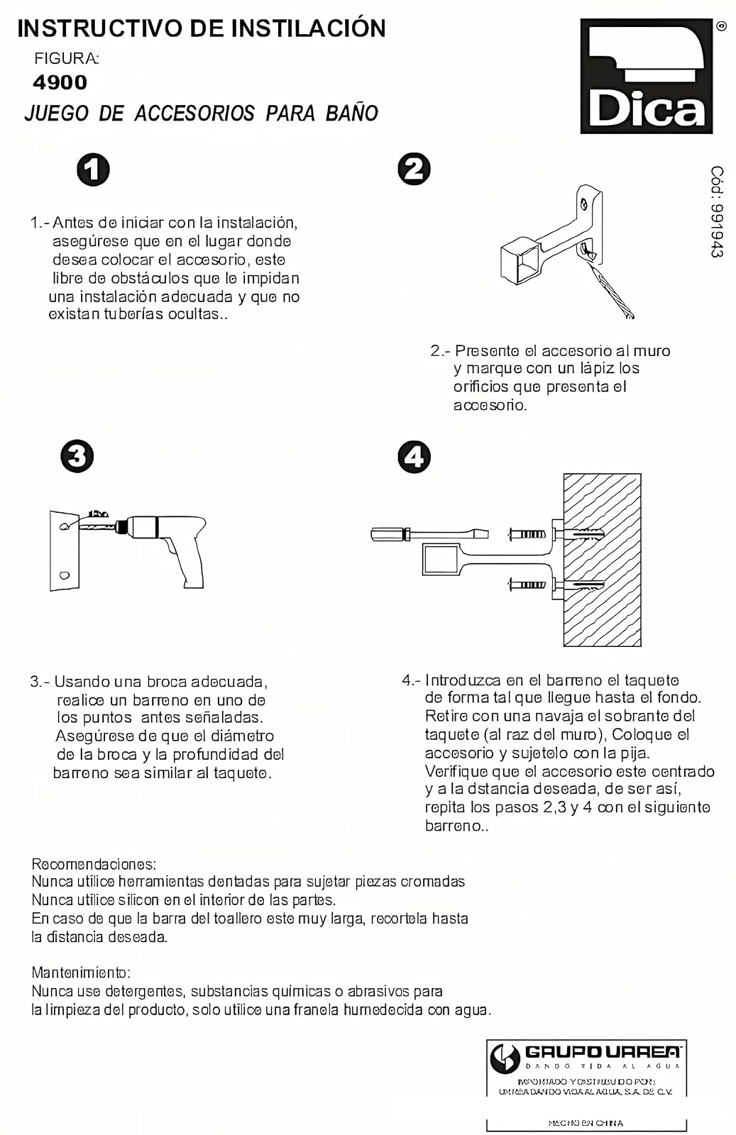 DICA, Juego de Accesorios 5 Piezas, Zamac, Acabado Cromo, 3 Años de Garantia, 4900