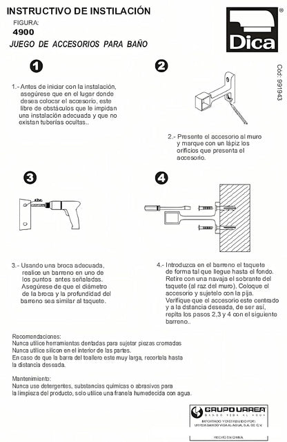 DICA, Juego de Accesorios 5 Piezas, Zamac, Acabado Cromo, 3 Años de Garantia, 4900