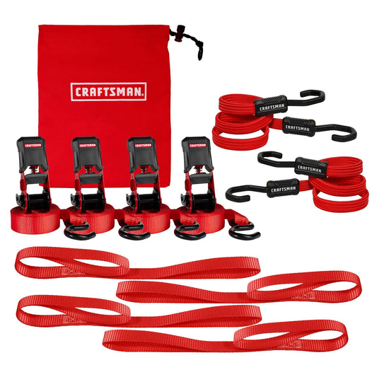 Craftsman Kit de Amarre de 10 Piezas Negro/Rojo con Correas de Trinquete y Bolsa 12 Pies x 1 Pulgada CMXAZBS777