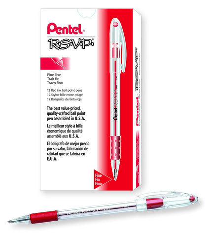 Pentel R.S.V.P. Bolígrafo, Punta Fina y Media, Caja con 12 Piezas - Caja de 12 - stick - Red
