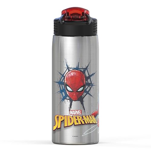 Zak Designs - Botella de agua Marvel 18/8 de acero inoxidable de una sola pared de 27 oz con popote abatible y tapa con cierre, taza duradera para deportes o viajes (27 oz, Spider-Man)