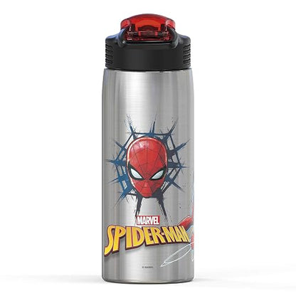 Zak Designs - Botella de agua Marvel 18/8 de acero inoxidable de una sola pared de 27 oz con popote abatible y tapa con cierre, taza duradera para deportes o viajes (27 oz, Spider-Man)