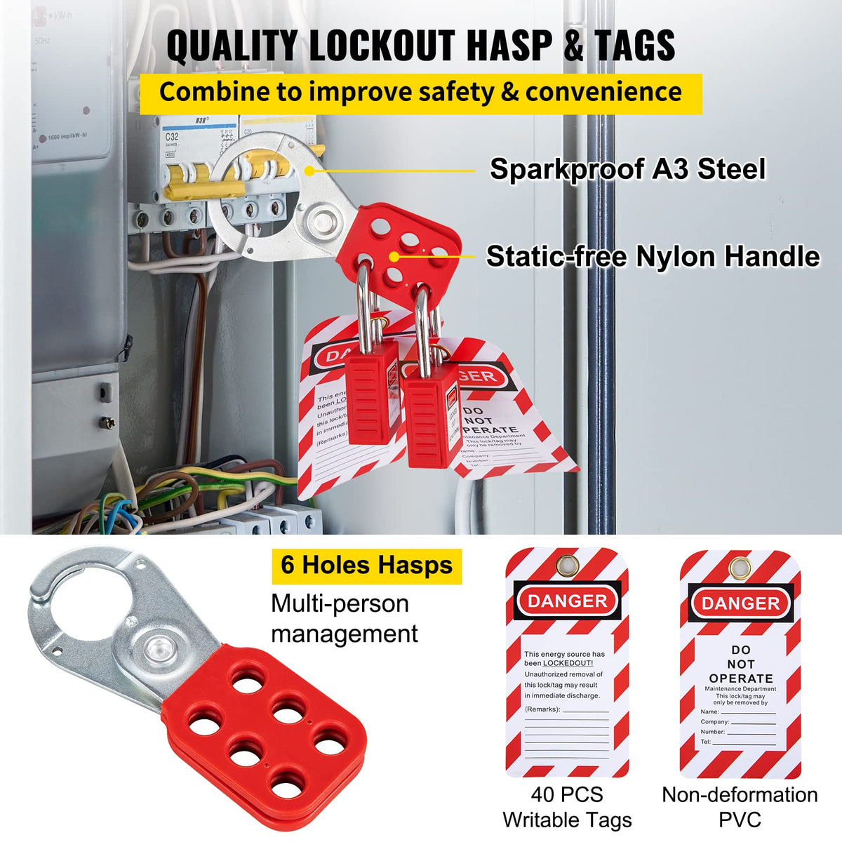 VEVOR Kit de Candado de Seguridad 58 PCS Kit de Bloqueo y Etiquetado 14 Candados Cerraduras de bloqueo y etiquetado 39,37x55,88 cm con Cerrojos de 6 Orificios para Maquinaria, Equipos Eléctricos