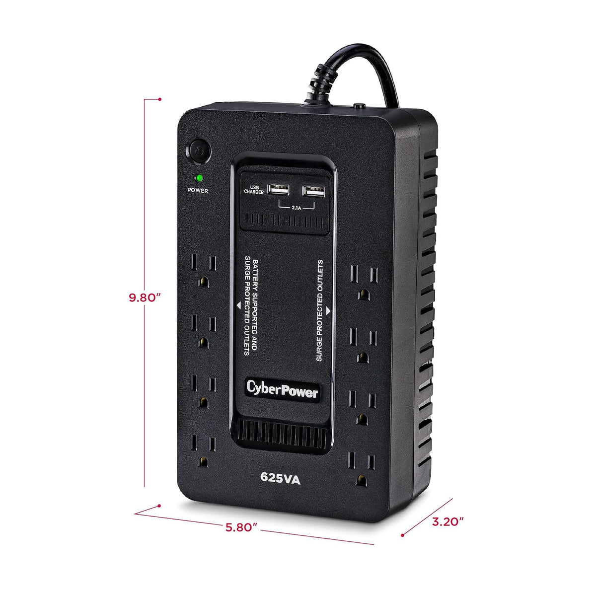 CyberPower ST625U Sistema UPS, 625VA/360W, 8 tomacorrientes, 2 Puertos de Carga USB, Compacto