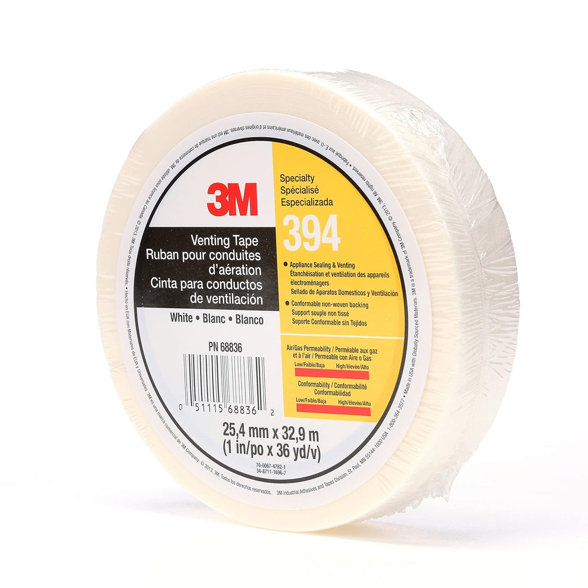 3M Venting Tape 394 White, Blanco, 1 in x 36 yd