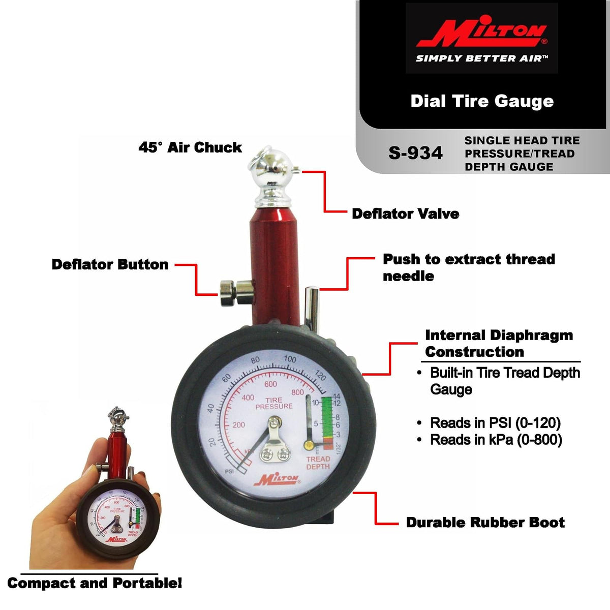 Milton S-934 Medidor de Presión de Neumático de Una Sola Cabeza