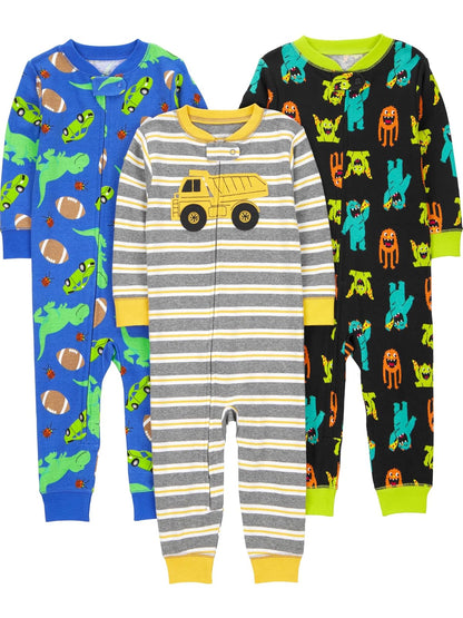 Carter's Simple Joys Paquete de 3 Pijamas sin Pies para Bebé - Black Monster - Blue Dinosaur - Grey Stripe - 3 Años