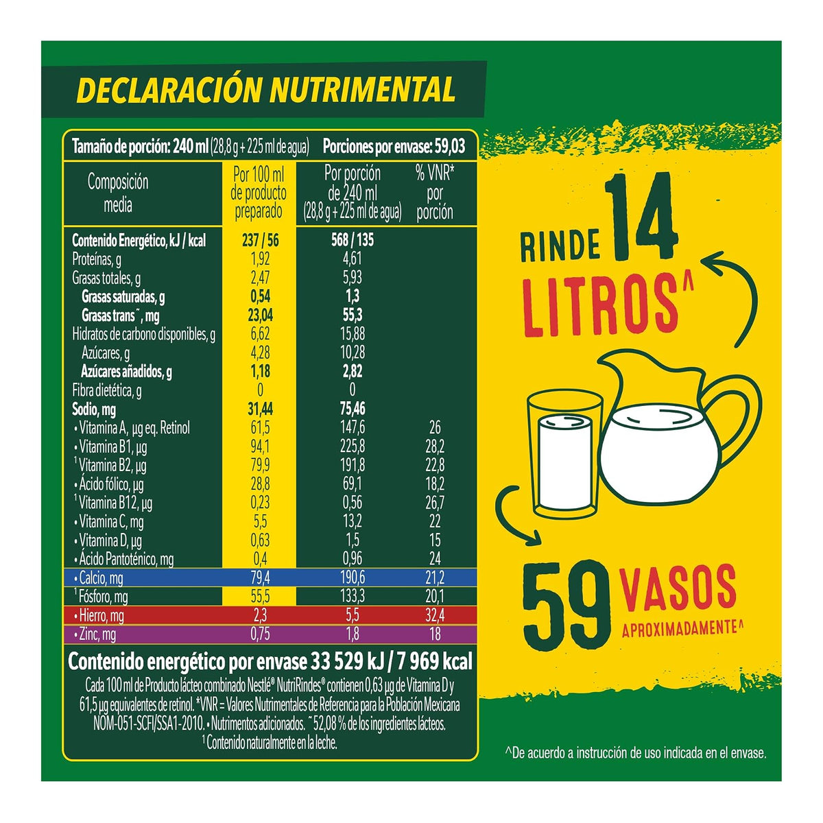 Nutri Rindes en Polvo,Adicionado de Vitaminas A, D, C, B1 y B5, Hierro, Ácido Fólico, Calcio, Hierro y Zinc, Lata de 1.7 kg