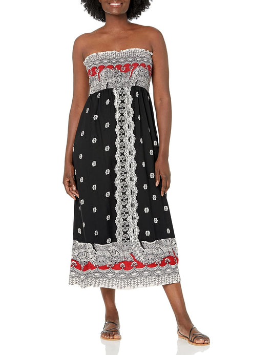 Angie Printed Smocked Bodice Strapless Maxi Dress Vestido Casual Mujer