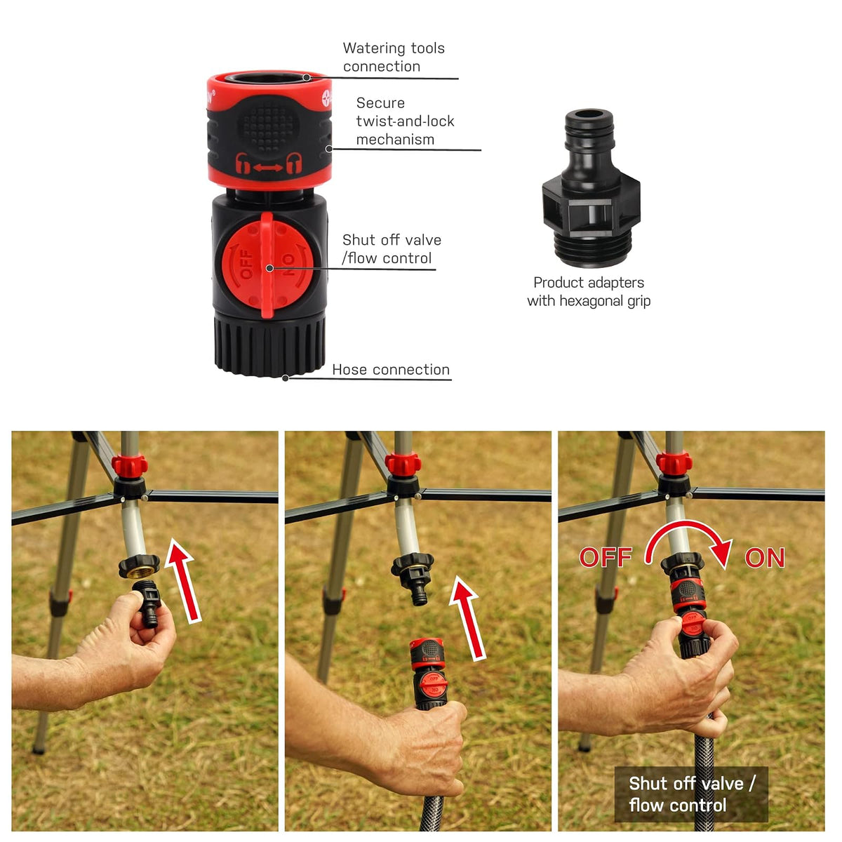 Eden 94157 Pro - Trípode telescópico de Metal (5 Libras), aspersor de Impulso de latón con Juego de iniciación de conexión rápida Premium, riego de hasta 6.360 Metros Cuadrados Pies