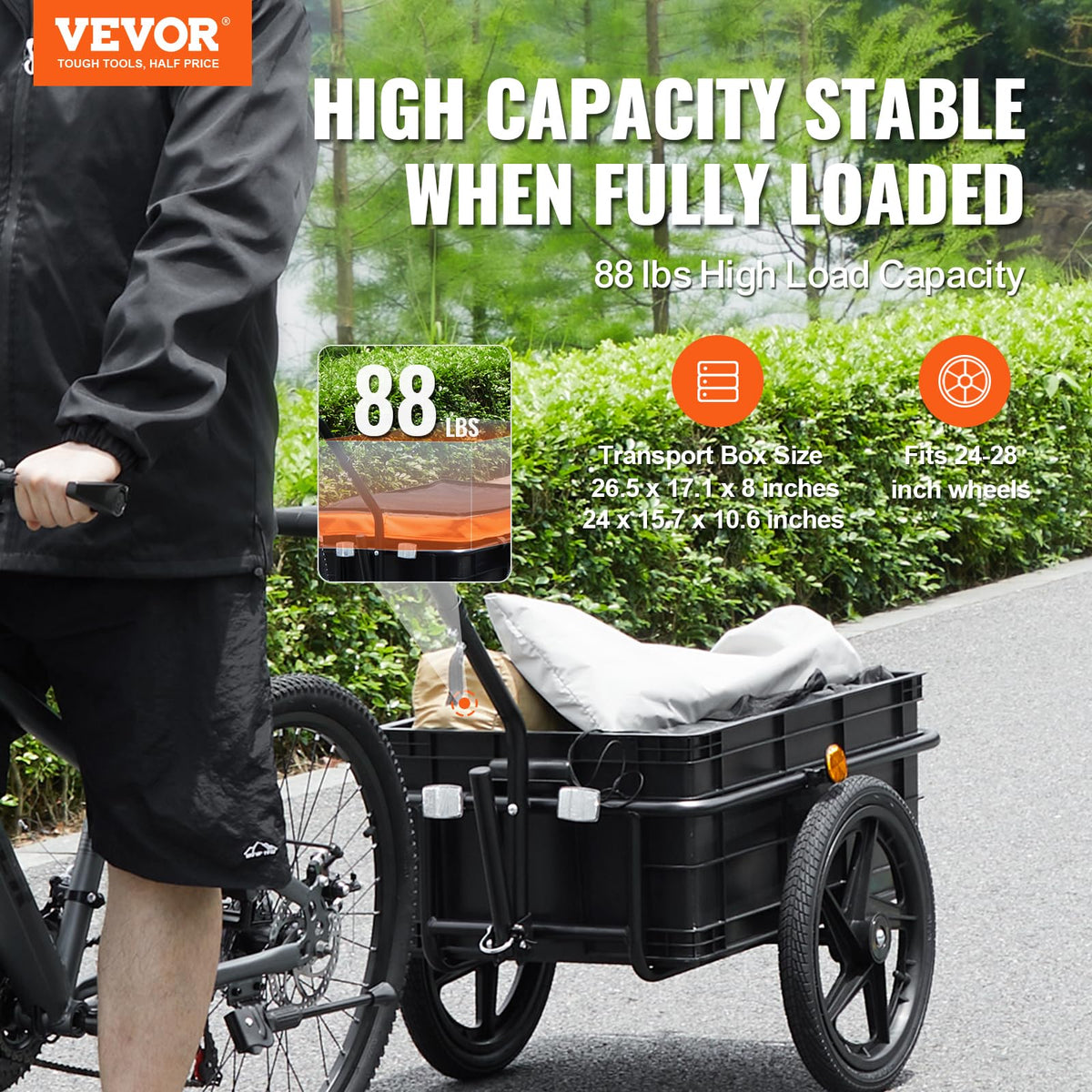 VEVOR - Remolque de carga para bicicleta, capacidad de carga de 39.9/45.4/160 libras, carro de bicicleta resistente, almacenamiento compacto plegable con enganche universal
