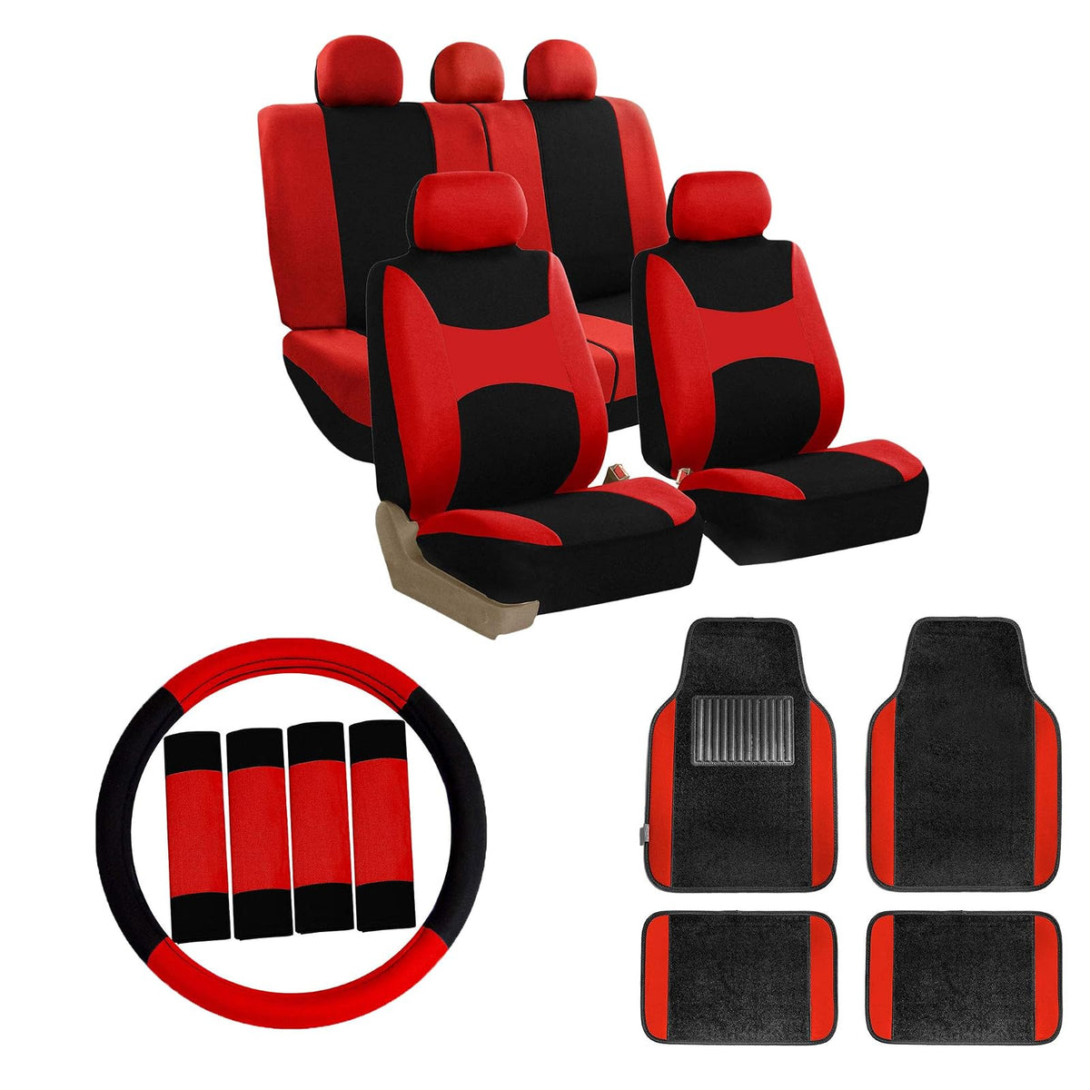 FH Group - Juego Completo de Fundas para Asientos de Automóvil con alfombras, Funda para Volante y Almohadillas para Orejas para cinturón de Seguridad, Ajuste Universal para Automóviles, Camiones y SUV, Color