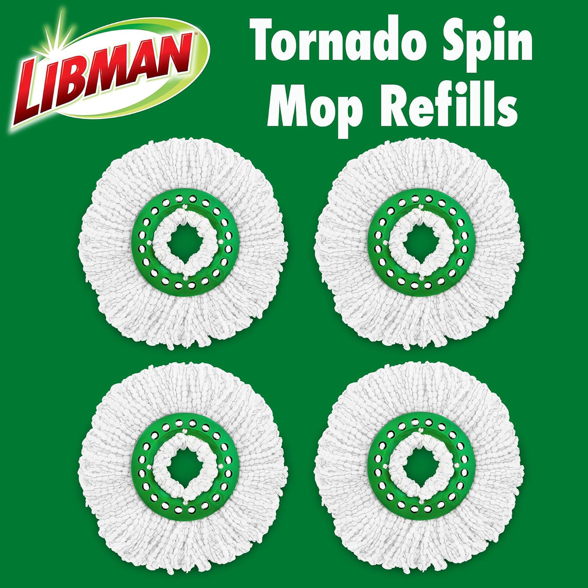 Libman Tornado - Recambios para trapeador giratoria, 4 Cabezales de Microfibra, fáciles de reemplazar, Lavables a máquina, Verde y Blanco, (Paquete de 4)