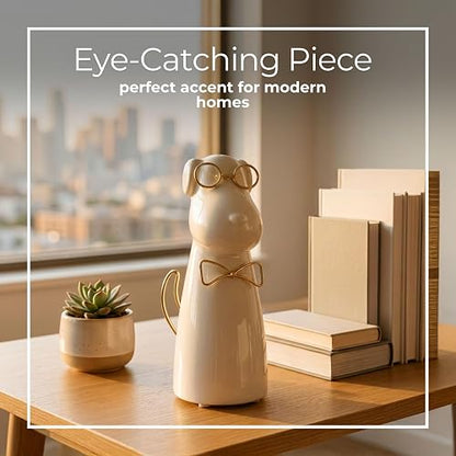 Sagebrook Home Figura de cerámica para Cachorros de 7 Pulgadas con anteojos y Pajarita, Escultura contemporánea de Perro Blanco y Dorado para decoración de Mesa del hogar u Oficina