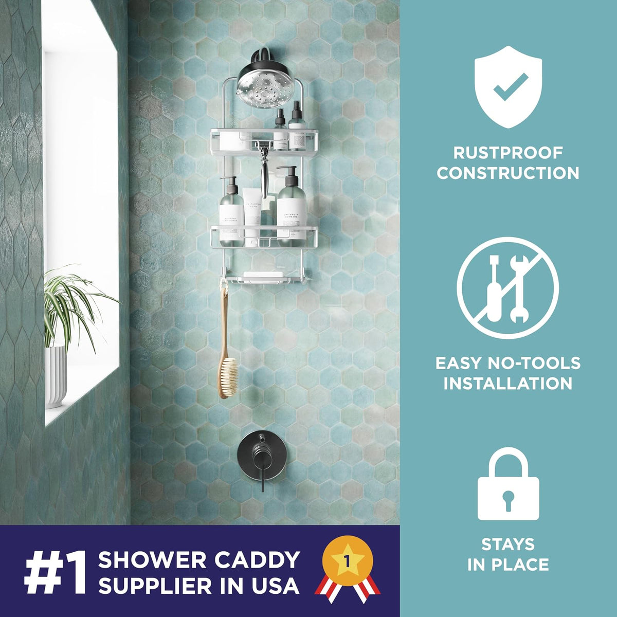 Zenna Home - Organizador de ducha colgante a prueba de óxido, sobre el cabezal de ducha con 2 estantes y ganchos integrados, organizador colgante de baño de aluminio, cromo satinado