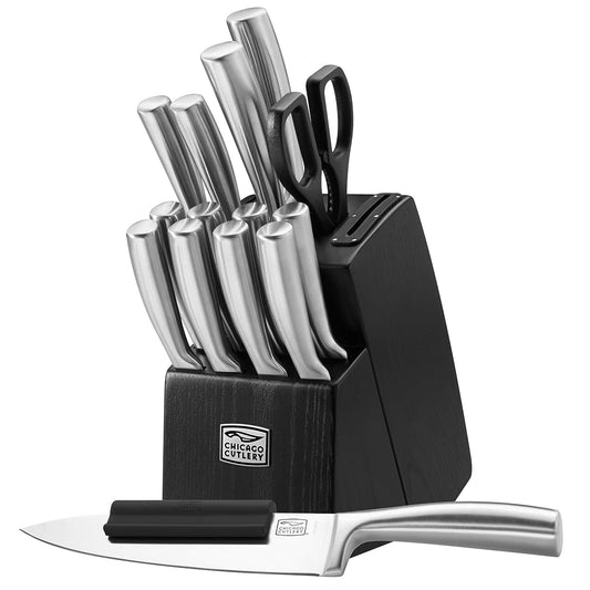 Chicago Cutlery Malden (16 piezas) Juego de bloques de cuchillos de cocina con bloque de madera y afilador integrado, asas contorneadas y juego de cuchillos de chef profesionales de acero inoxidable