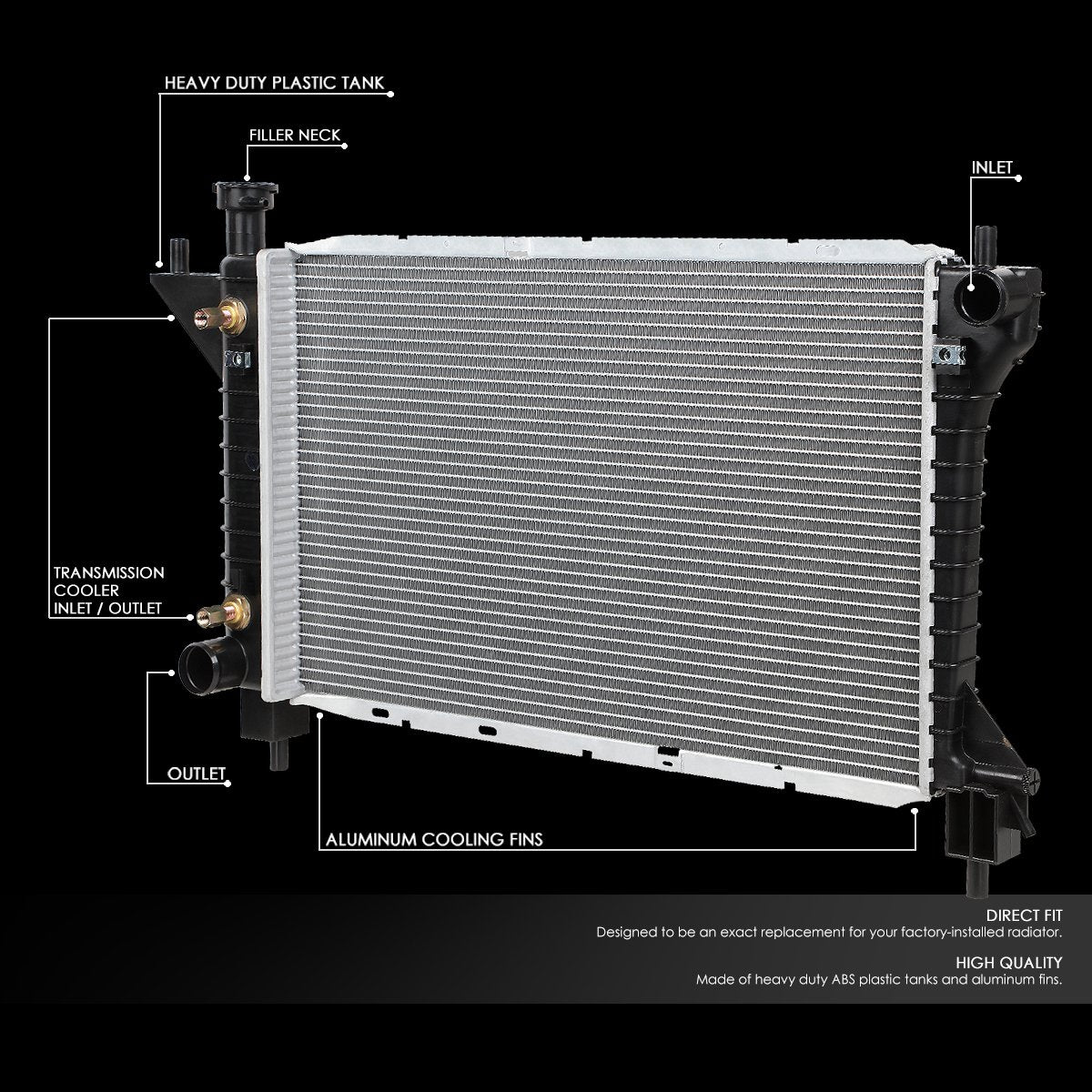 DNA Motoring OEM-RA-1488 Black Aluminum Cooling Radiator Compatible with 94-96 Mustang, 24" W X 14-7/8" H x 1" D, 1-1/2" Inlet, 1-3/4" Outlet